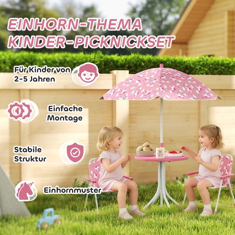 Ensemble mobilier de jardin enfant 4 pièces avec parasol démontable, table bambin et 2 fauteuils pliants, rose