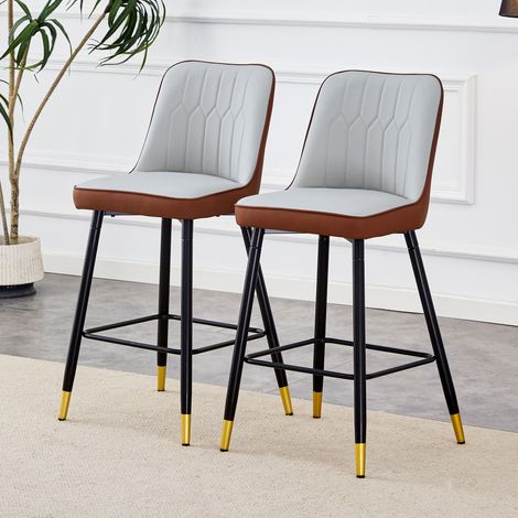 REDOM - Set di 2 sgabelli da bar, schienale ergonomico, poggiapiedi, metallo e PU, marrone, grigio chiaro e nero (1/5)