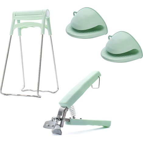 Support pour plaque chauffante, pince à bol en acier inoxydable, pince de cuisine anti-brûlure pour bol, plat et casserole (lot de 3, vert clair) (1/5)