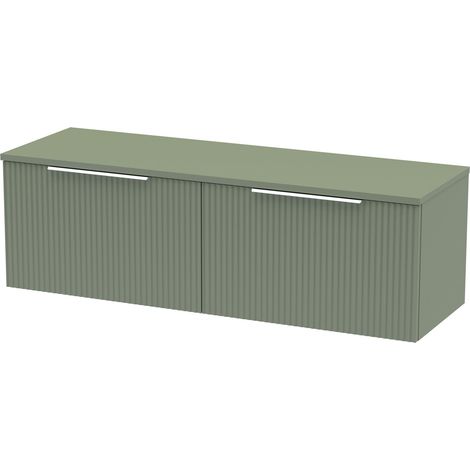 Tixall Fluted 2 Drawer Wall Hung Vanity Unit with Worktop, Satin Green, 1200mm