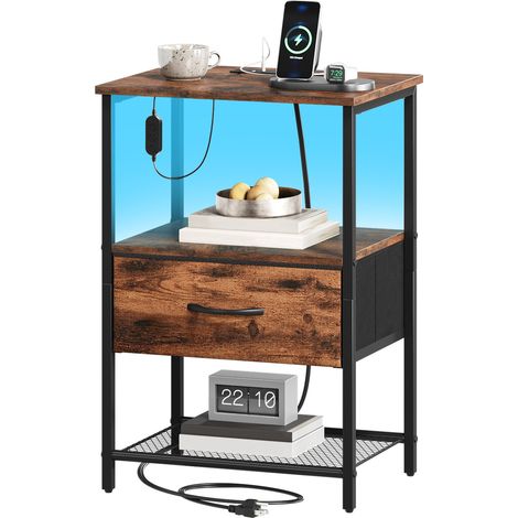 Somdot Table de Chevet LED avec Station de Charge – Dimensions 30 x 40 x 59,5 cm – 1 tiroir en Tissu – Imprimé Grain de Bois