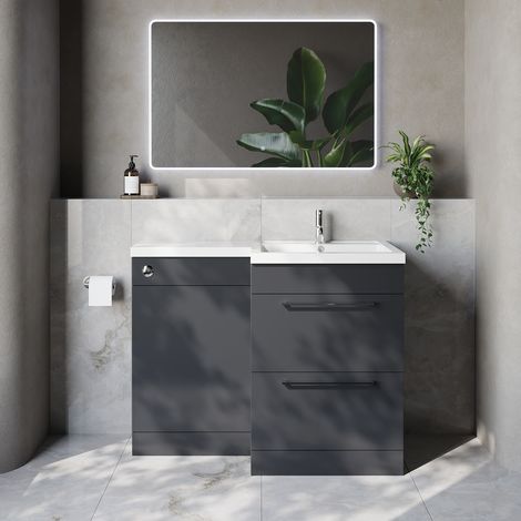 Napoli 460 Gloss Grey 1100mm 2 Drawer Vanity Unit Toilet Suite with Right Hand Square Lucia Basin - 1100mm - Chrome 320mm HandleWithout Kingston Toilet Pan