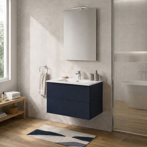 Mobile bagno sospeso 80 cm blu due cassetti push-pull e lavabo Tierra (1/5)