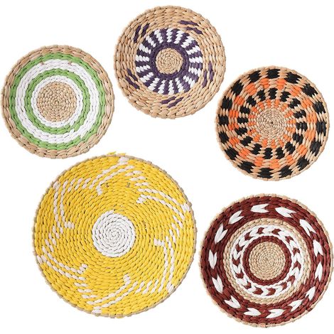 Cestas de pared bohemias tejidas, juego de 5, de ratán natural hechas a mano, decoración colgante para sala de estar o dormitorio. (1/4)