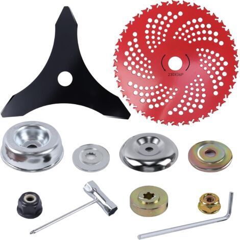 Lot de 11 lames de débroussailleuse à dents métalliques robustes avec kit adaptateur universel, accessoires de rechange pour débroussailleuse, mauvaises herbes résistantes (1/5)