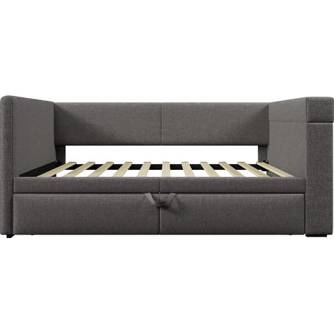Cama de día capitoné 90 x 200 cm con cama nido, gris, lino mezcla, sin colchón (1/5)