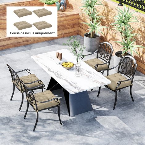 Set mit 4 Gartenstuhlkissen, gepolsterte Outdoor-Kissen, 10 cm Polsterung mit Bändern, 48 x 48 cm, khaki
