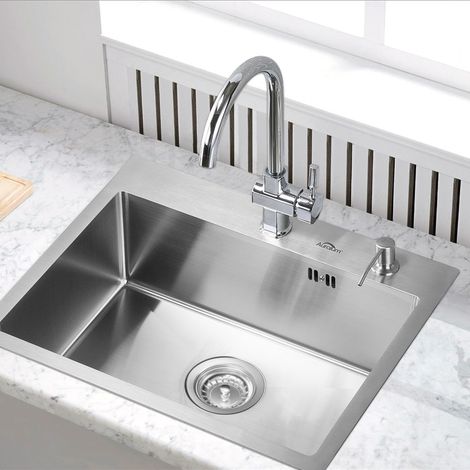 Auralum Évier 1 Bac 55x45x19CM Évier à Encastrer en Acier Inoxydable 304 Évier Cuisine Brossé avec Distributeur de savon et Ensemble de Drainage