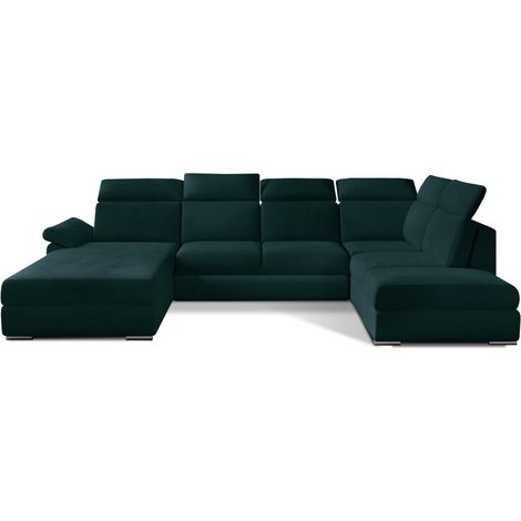 Sofá panorámico convertible MAJESTA 5 plazas verde oscuro – ángulo derecho con cofre (1/4)