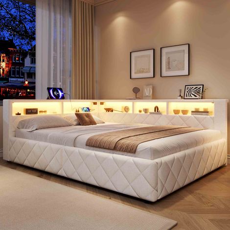 Lit banquette coffre 140x200 cm en lin avec rangement hydraulique, LED, USB, tête de lit avec étagères, lit double rembourré - Beige (1/5)