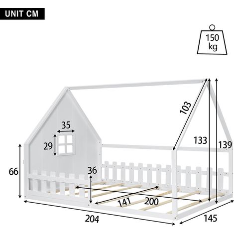 Lit enfant 140x200 cm, bois de pin blanc, barrière de sécurité, tête de lit maison, sommier à lattes, lit cabane pour chambre d'enfant (1/5)