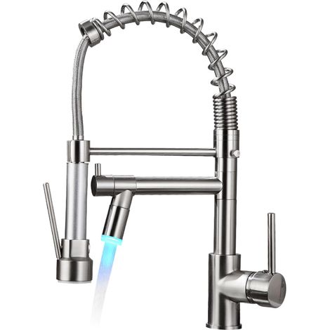Robinet de Cuisine avec Douchette Extractible Mitigeur LED qui Change de Couleur selon la Température et Système de Verrouillage Mains Libres avec Deux Jets Normal et Pluie Nickel Brossé (1/5)
