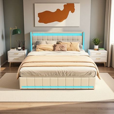 Cama Doble 160x200 - Beig - Cama con Cofre y 4 Cajones - LED RGB - Cargador USB/Type-C