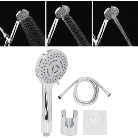 Ensemble de douche de salle de bain à trois fonctions avec douchette à main pressurisée et support mural sans perçage pour pommeau de douche, base de fixation pour pommeau de douche (1/5)