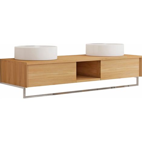 Mobile bagno sospeso in teak con portasciugamani e doppio lavabo da appoggio rotondo in ceramica 140 cm - KUPANG (1/5)