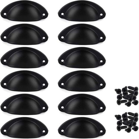 12 poignées de porte de cabinet en fer coquille, boutons de tirage pour tiroir et placard intérieur de meuble, avec vis, couleur noire (1/5)