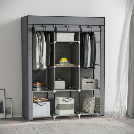 Stoffschrank in Dunkelgrau mit 2 Kleiderstangen und 8 Ablagen, 125 x 43 x 162,5 cm (1/5)