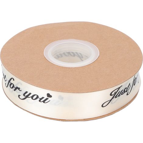 Ruban satin 2,5 cm x 41 m polyester beige – Rouleau imprimé « Just for You » pour DIY, décoration mariage, anniversaire, emballage cadeau (1/5)