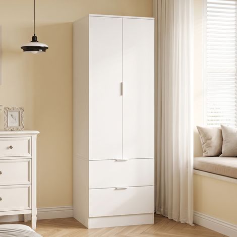 Armoire Chambre Penderie avec 2 Tiroirs, 2 Portes à Fermeture Douce et Barre de Suspension, 60 x 47 x 180 cm, Blanc (1/5)