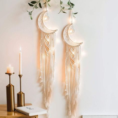 Attrape-Rêves - Macramé Lune Étoile Avec Lumières - Décoration Murale Bohème Pour Chambre De Fille - 1 Pièce (1/5)