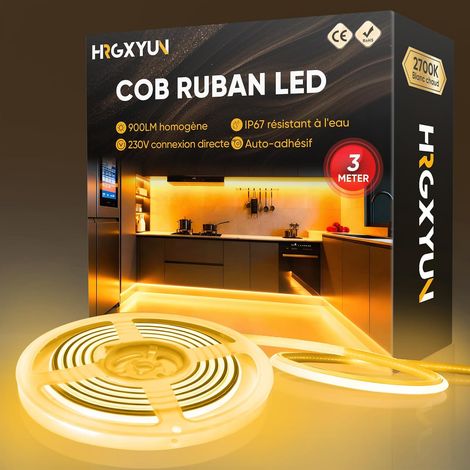 230V COB Ruban LED Extérieur, 240 LEDs IP67 Etanche Autocollant, Bande LED 900LM Sans Transformateur Flexible Découpable pour Chambre, Cuisine, Exterieur Décoration, 2700K Blanc chaud, 3m (1/5)