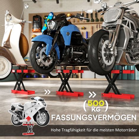 Élévateur moto 500 kg, plateforme réglable hauteur 95-400 mm, dimensions 45x15x9,5-40 cm, rouge (1/4)
