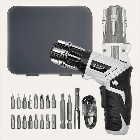 Cordless Electric Screwdriver with 6-Bit Revolver Storage, 180° Quick-Change Mechanism, LED Light & Type-C Charging (19-Piece Accessory Kit)