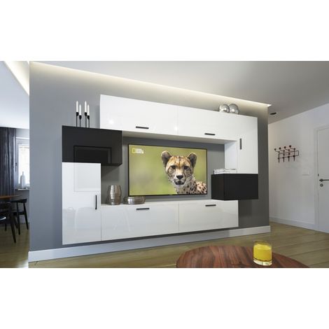 Ensemble meuble TV NEXT 6 AN6-17WB-HG23-1A blanc-noir brillant 204 cm