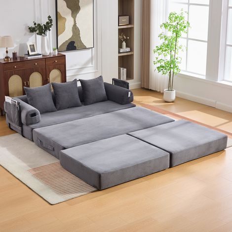 Canapé modulable en velours côtelé gris foncé, 200 x 190 x 67 cm, cadre métal, pouf (1/5)