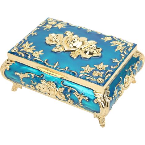 Boîte à bijoux vintage brillante et raffinée, résistante à la rouille, or et bleu, or et bleu. Décoration en relief rose. (1/5)