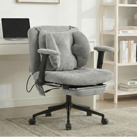 Chaise de bureau grise en tissu respirant avec soutien lombaire réglable et repose-pieds, pivotante (1/5)