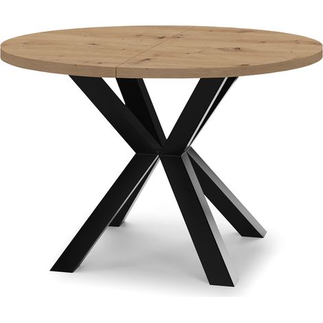 Table de salle à manger ronde extensible RAL avec pieds en bois, style loft, industriel, diamètre : 90 / 190 cm, couleur :Artisan / noir (1/4)