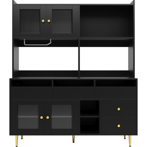 Buffet haut en MDF avec portes en verre Changhong, rangement multi-étagé et porte-bouteilles, noir avec décor doré (145 x 39 x 171 cm) (1/5)