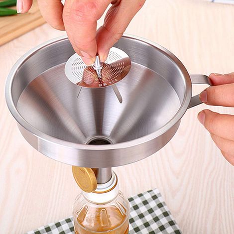 Edelstahltrichter mit Filter für Flüssigkeiten und Pulver, Küchensieb (1/5)