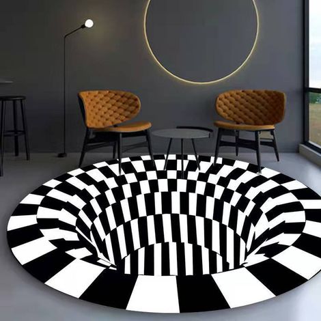 Tapis rond à effet d'optique 3D, tapis de sol antidérapant, paillasson non tissé noir et blanc pour chambre à coucher.