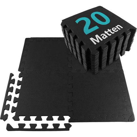 Lot de 20 Dalle Mousse 30x30 cm Épaisseur 1cm, Tapis Sport Antidérapant avec 40 Bordures, Dalle Salle de Sport en EVA pour Fitness, Musculation et Garage, Noir (1/5)