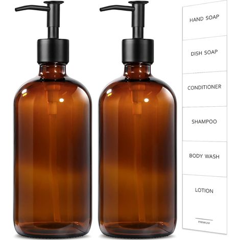 Distributeur De Savon - Verre Ambré 500 Ml - Pompe En Acier Inoxydable Mat Noir - Pour Cuisine Et Salle De Bain - Lot De 2 (1/5)