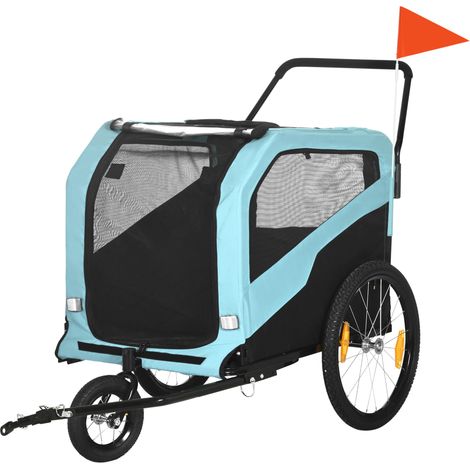 Remorque pour chien 2 en 1, poussive, 2 entrées, fenêtre filet, pare-soleil, structure acier, bleu clair, 170 x 77 x 90 cm (1/5)