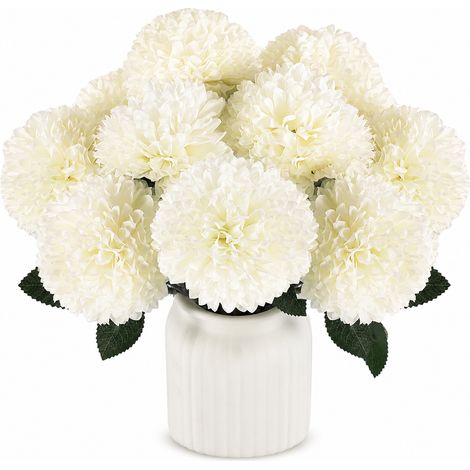 Chrysantheme Artificiel, Fleur en Soie 12 Pcs 30cm, Fausse Floraison, Realiste Pliable Resistente a la Decoloration Creme Blanc pour Mariage, Maison, Cafe