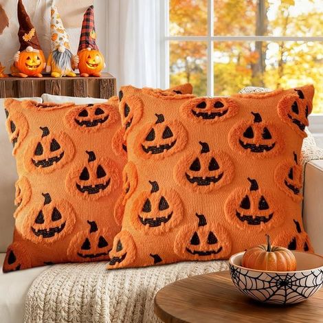 Taies d'oreiller d'Halloween, lot de 2 taies d'oreiller citrouille 45 x 45 cm, housses de coussin décoratives, décoration d'ambiance pour salon, canapé et jardin (1/2)