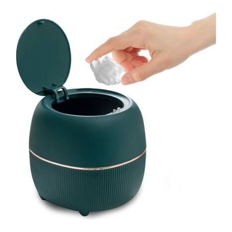 Mini poubelle de bureau ronde avec couvercle, en plastique, pour la maison, la cuisine, la salle de bain, le bureau (vert)une pièce，