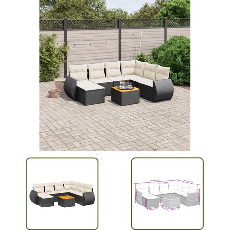 The Living Store Salon de jardin 8 pcs avec coussins noir résine tressée - Ensemble Salon De Jardin - Mobilier Extérieur - Canapé Jardin - Table Basse Jardin - Chaise Lounge (1/3)