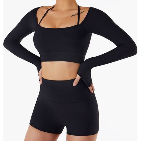 Haut de yoga femme, col rond, manches longues, passe-pouces, avec coussinets de poitrine, noir, taille XL. (1/5)