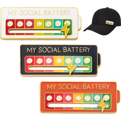 3 Pièces My Social Battery Pin - Broches Amusantes pour L'humeur Sociale Pendant 7 Jours - Aiguilles D'humeur Interactives - Batterie Sociale (Blanc, Noir, Orange)