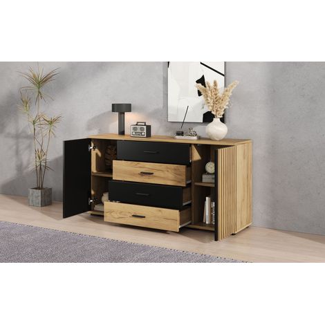 Buffet noir et bois effet chêne en MDF avec 4 tiroirs et 2 portes rainurées, étagères réglables pour salon et salle à manger (1/5)