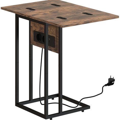 Mesa auxiliar plegable en C con estación de carga, madera y metal, marrón (1/5)