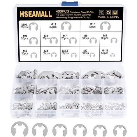 400PCS 13Size En Acier Inoxydable E-Clip Anneau De Retenue Externe Snap Kit De Assortiment Anneau Anneau De Circlips Interne 1.5 / 2 / 2.5 / 3/4/5/6/7/8/9/10/12 / 15mm Avec Boîte En P (1/4)
