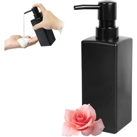 350 ML Distributeur Savon Noir Mat avec Pompe en Plastiques Carrés en Verre (1/5)