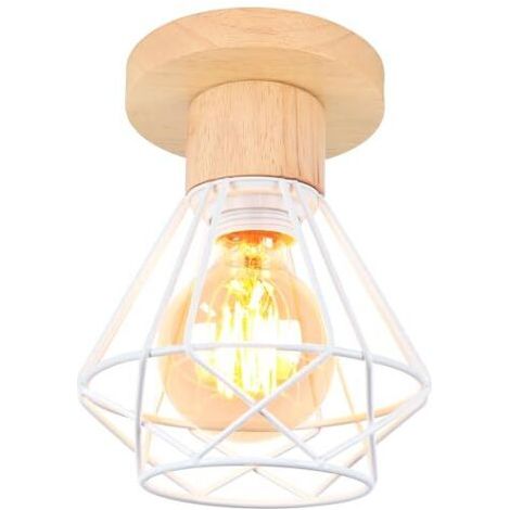 BUNTHAUS Plafonnier Industriel, 16CM Vintage Luminaire E27 Rétro Lustre Suspension en Fer et Bois Cage Design Lampe de Plafond Blanc pour Entrée Couloir Chambre Cuisine, 1 Pack (1/5)