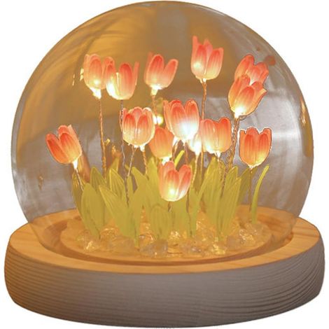 Veilleuse tulipe LED boule cristal fleur, mini lampe simulation, ambiance chambre/salon/bureau